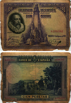 Испания 100 песет 1928 Мигель де Сервантес Сааведра, памятник Сервантесу, картина Дон Кихот Pick 76 а бумага 8609-35-1