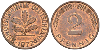 ФРГ 2 ПФЕННИГА 1972 G KM 106a, J.381a сталь плакированная сталь плакированная медьюю UNC 75-445