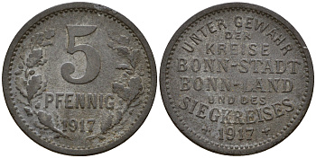 Бонн и Зигкрайс (Пруссия, Рейн) 5 пфеннигов 1917  Funck 52.1, Men05 3234.1, Men18 4150.1 цинк     4115-156