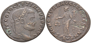 Римская Империя нуммий 303 - 305 Диоклетиан, бюст императора, IMP C DIOCLETIANVS P F AVG / Юнона Монета, SAC MON VRB AVGG ET CAESS N N R P, Рим RIC 111а биллон 1073-23-23