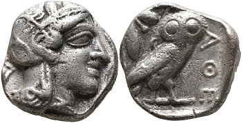 Древняя Греция, Аттика, Афины тетрадрахма 454 - 404 гг. до н.э. голова Афины в шлеме / АФЕ, сова, оливковая ветвь, полумесяц, 16,88 гр Kroll 8 серебро 00-000-00