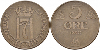 Норвегия 5 эре 1922 Хокон VII (1905-1957) KM 368 бронза 4541-242
