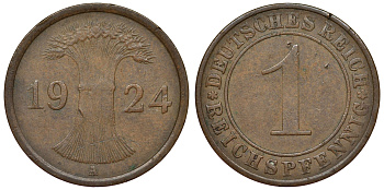 Германия 1 рейхспфенниг 1924 A KM 37, J. 313 бронза 4124-111