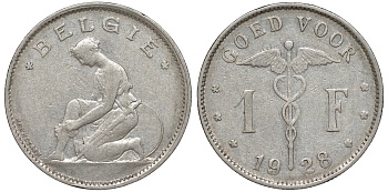 Бельгия 1 франк 1928 Belgie KM 90 никель 51-1743