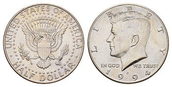 США 1/2 доллара (50 центов) 1994 D, Джон Кеннеди KM A202b медь плакированная медно-никелем UNC 4672-714