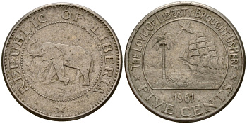 Либерия 5 центов 1961 KM 14 медно-никель 4154-1151