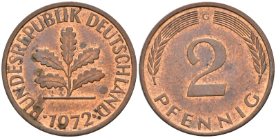 ФРГ 2 ПФЕННИГА 1972 G KM 106a, J.381a сталь плакированная сталь плакированная медьюю UNC 75-445