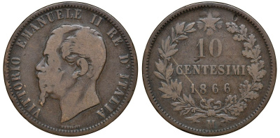 Италия 10 чентезимо 1866 M, Виктор Эммануил II KM 11.1 медь 4512-534