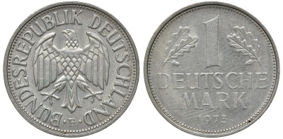 ФРГ 1 МАРКА 1973 F KM 110, J. 385 медно-никель aUNC 72-833