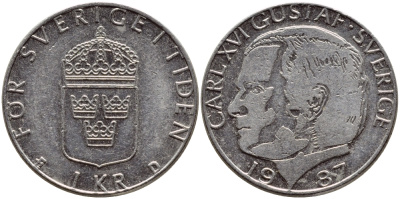 Швеция 1 крона 1987 Карл XVI Густав (1973- ) KM 852a медно-никель 4397-1211