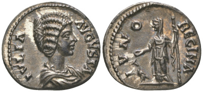 Римская Империя денарий 196-202 Юлия Домна, жена Септимия Севера, IVLIA AVGVSTA, бюст императрицы/IVNO REGINA, Юнона, Лаодикея Приморская, в слабе RNGA - AU RIC 640 серебро 15-004-04