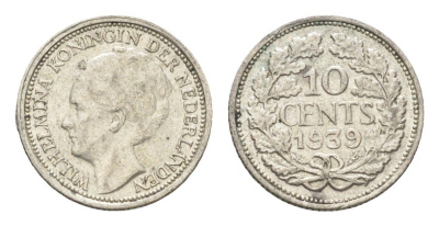 Нидерланды 10 центов 1939 Вильгельмина I (1890-1948) KM 163 серебро 4659-1164