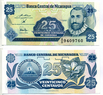 Никарагуа 25 сентаво 1991 Франсиско Эрнандес де Кордоба Pick 170 a бумага UNC (пресс) 2196-26-3-1