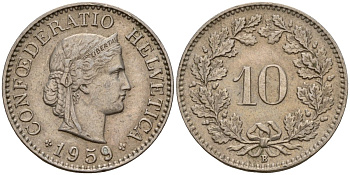 Швейцария 10 раппенов 1959 B KM 27 медно-никель 4189-353