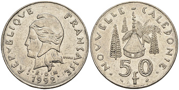 Французская Новая Каледония 50 франков 1992 хижина среди сосен и пальм, (IEOM) KM 13, Schoen 15, Lec 121 никель 4123-325