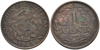 Нидерланды 1 цент 1941 Вильгельмина (1890-1948) KM 152 бронза 46-1015