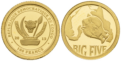 Конго 100 франков 2013 серия большая пятерка, носорог золото PROOF 00-804-19