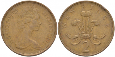 Великобритания 2 пенса 1975 Елизавета II (1952-2022) KM 916, Spink 4235 (C1) бронза 77-141