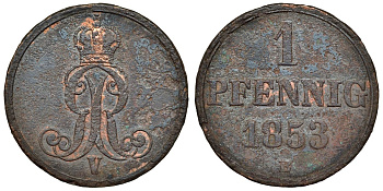 Ганновер 1 пфенниг 1853 B, Георг V KM 221, AKS 155, J. 83 медь 4594-456