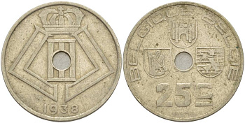 БЕЛЬГИЯ 25 САНТИМОВ 1938 BELGIQUE-BELGIE, ГЕРМАНСКАЯ ОККУПАЦИЯ, ВТОРАЯ МИРОВАЯ ВОЙНА KM 114.1 никель латунь 4544-1224