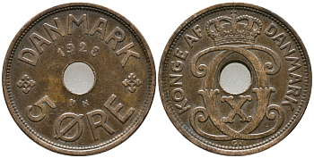 ДАНИЯ 5 ЭРЕ 1928 N; GJ, КРИСТИАН X (1912-1947) KM 828.2 бронза 32-334