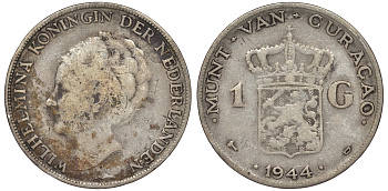 Нидерландское Кюрасао 1 гульден 1944 D, Вильгельмина (1890-1948) KM 45 серебро 36-724