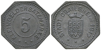 Крайльсхайм (Вюртемберг) 5 пфеннингов 1917 Funck 83.1, Men05 4682.1, Men18 5886.1 цинк 1515-121