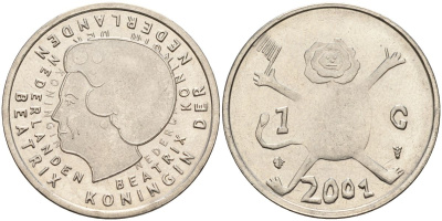 Нидерланды 1 гульден 2001 прощай гульден, детский рисунок, лев с флагом в руках KM 233 никель 65-817