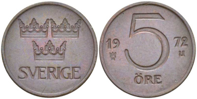 Швеция 5 эре 1972 U, Густав VI Адольф (1950-1973) KM 845 бронза 176-845