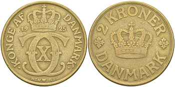 Дания 2 кроны 1925 HCN; GJ, Кристиан X (1912-1947) KM 825.2 алюминиевая бронза 4111-431