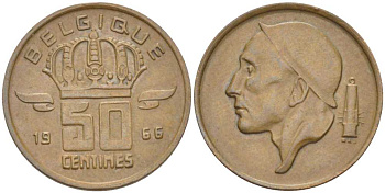 БЕЛЬГИЯ 50 САНТИМОВ 1966 BELGIQUE, БОДУЭН I (1951-1993) KM 148.1 бронза 206-169