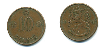 Финляндия 10 пенни 1920 республика (1918-1962) KM 24 медь 36-1215