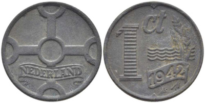 НИДЕРЛАНДЫ 1 ЦЕНТ 1942 ВИЛЬГЕЛЬМИНА (1890-1948) KM 170 цинк 206-1153