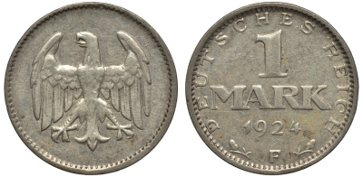 Германия 1 марка 1924 F KM 42, J. 311, Weege 14 серебро 1525-323