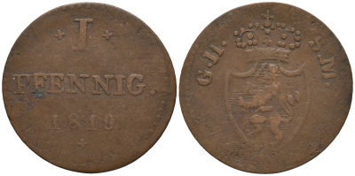 Гессен-Дармштадт 1 пфенниг 1819 GH-SM, Великий Герцог Людвиг I (1806-1830) KM 280 медь 4532-662