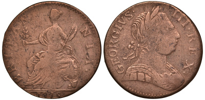 Великобритания 1/2 пенни 1775 Георг III (1760-1820) KM 601, Spink 3774 медь 603-345