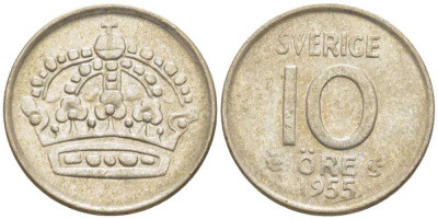 Швеция 10 эре 1955 TS, Густав VI Адольф (1950-1973) KM 823 серебро 116-1214