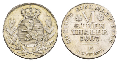 Гессен-Кассель 1/6 талера 1807 F, Вильгельм I (1785-1821) KM 556 серебро 00-814-46