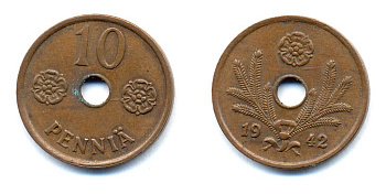 ФИНЛЯНДИЯ 10 ПЕННИ 1942 KM 33.1 медь 51-4962