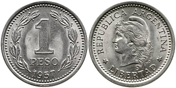 Аргентина 1 песо 1957 голова свободы влево KM 57 сталь плакированная никелем 4525-856
