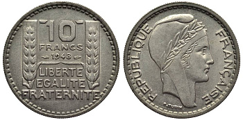 Франция 10 франков 1948 тип Пьер Турин KM 909.1, Le Franc 362.3 медно-никель 27-826