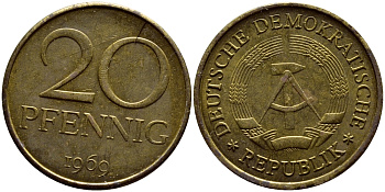 ГДР 20 пфеннигов 1969 А, первый год KM 11 латунь UNC 4398-1035