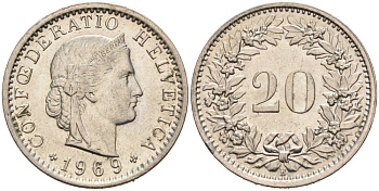 Швейцария 20 раппенов 1969 В KM 29а медно-никель 4566-1222