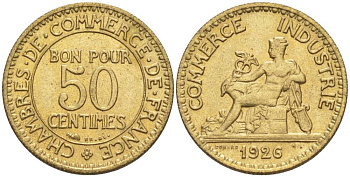 ФРАНЦИЯ 50 САНТИМОВ 1926 ТИП CHAMBRERES DE COMMERCE KM 884, LE FRANC 191.9 алюминиевая бронза 44-349