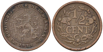 НИДЕРЛАНДЫ 1/2 ЦЕНТА 1911 ВИЛЬГЕЛЬМИНА (1890-1948) KM 138 бронза 39-156