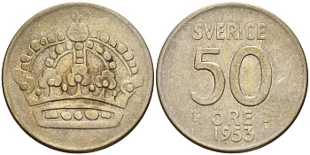 Швеция 50 эре 1953 TS, Густав VI Адольф (1950-1973) KM 825 серебро 4364-3014