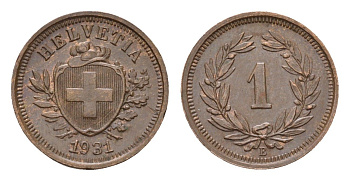 Швейцария 1 раппен 1931 B KM 3.2 бронза aUNC 46-551