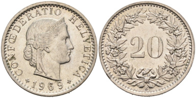 Швейцария 20 раппенов 1969 В KM 29а медно-никель 4566-1222