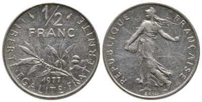 Франция 1/2 франка 1977 сеятель KM 931.1, Le Franc 198.16 никель 3458-167