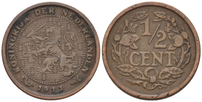 НИДЕРЛАНДЫ 1/2 ЦЕНТА 1911 ВИЛЬГЕЛЬМИНА (1890-1948) KM 138 бронза 39-156